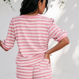 Sweet Escape Lounge Set Stripe Puff Short Sleeve T Shirt Matching Shorts Set - Pink