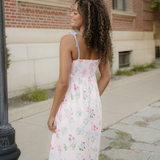 Laylani Floral Print Contrast Trim Self-tie Straps High Waist Midi Dress