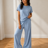Saturday Mood Set Loose Tee Drawstring Wide Leg Pants 2pcs Outfit - Blue