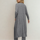 Maggie 3pcs V Neck T Shirt Ribbon Knot Pants Open Duster 3pcs Lounge Set - Gray