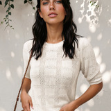Maisie Plaid Pattern Crochet Knit Short Sleeve Sweater - White