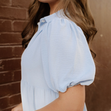 Mimi Button Up Short Puff Sleeve Tiered Shift Dress
