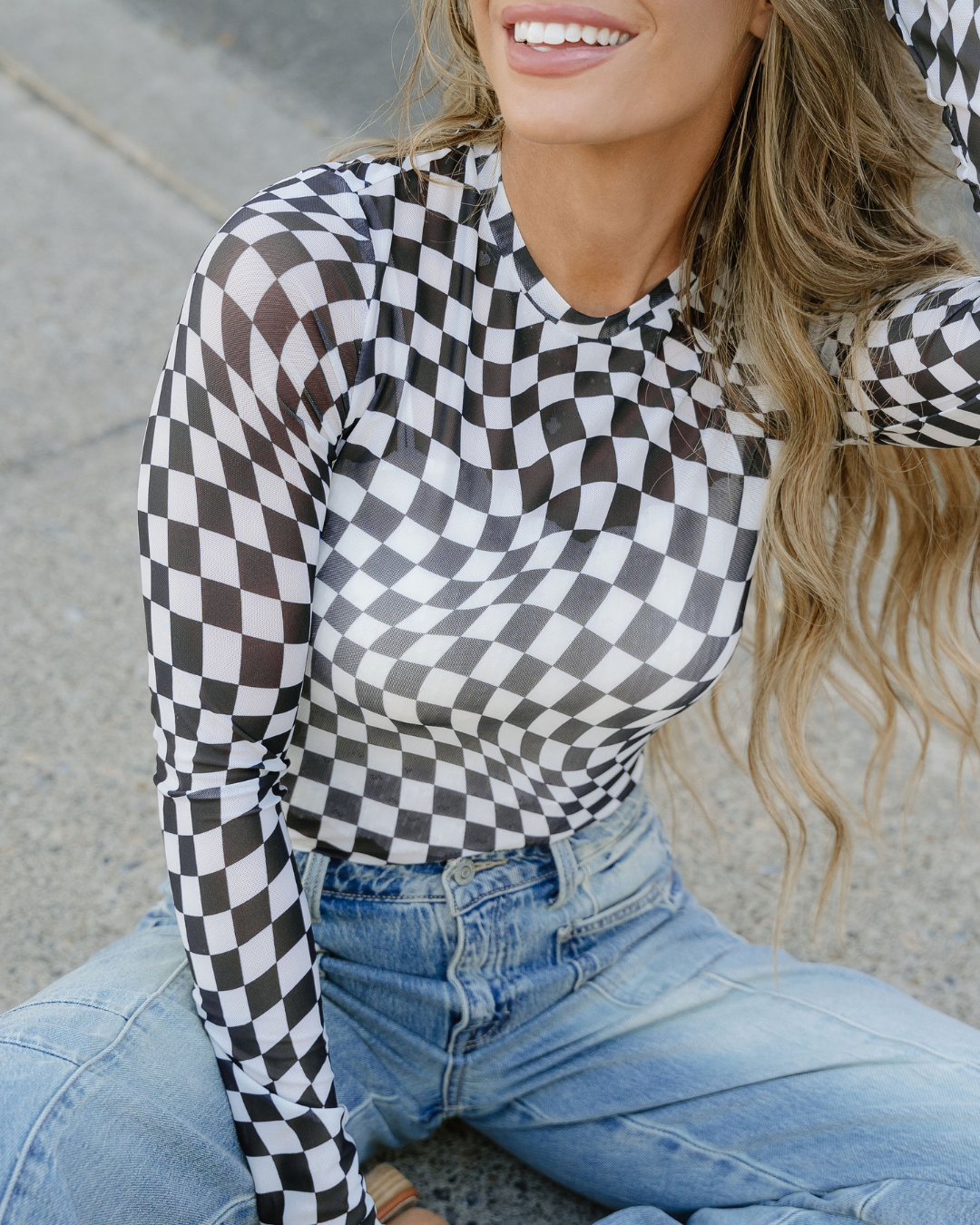 トップス Marble Printed Plaid Sheer Crew Neck Top Sheer Checkered Top - Black – Indie & Co.