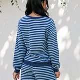 Slow Living Set Stripe Drop Shoulder Long Sleeve Pullover Elastic Waist Casual Short Set