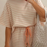 Weekend Retreat Set Contrast Neck Loose Tee and Drawstring Shorts Set - Pink