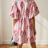 Catherine Floral Striped Print Tie Notched Neck Puff Sleeve Flared Mini Dress