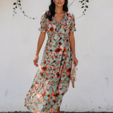 Haisley Floral Print Frilled V Neck Short Sleeve Maxi Dress - Green