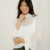 Amara Sheer Lace Bell Sleeve Mock Neck Blouse