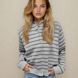 Arianna Stripe Button Front Ribbed Trim Short Cardigan