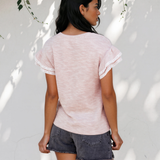 Vienna Twilled Print Lace Trim Ruffled Short Sleeve Blouse - Pink