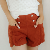 Sienna Button Decor Scalloped Edge High Waist Corduroy Shorts