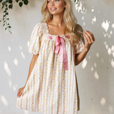 Birdie Floral Print Contrast Ribbon Bow Lace Trim Square Neck Mini Dress