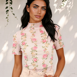 Millie Floral Print Mock Neck Short Sleeve Mesh Top