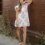 Everrett Scalloped Embroidery Trim V Neck Drop Waist Mini Dress
