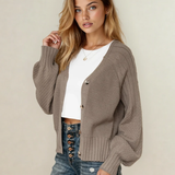 PREORDER Jane Mixed Texture Knit Button V Neck Sweater Cardigan - Brown | Dropship