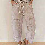 Shiloh Acid Wash Barrel Fit Denim Pants with Waist String - Smoke Gray | Dropship