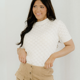Magnolia Textured Knit Ribbed High Neck Short Sleeve Sweater - White