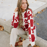 Retro Flower Plaid Henley Baggy Sweater