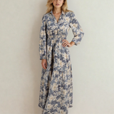 PREORDER Brianna Floral Print Smocked High Waist Long Sleeve Maxi Dress - Blue | Dropship