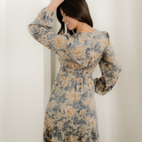 Brianna Floral Print Smocked High Waist Long Sleeve Maxi Dress - Blue