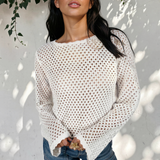 Felicity Scalloped Trim Hollow Out Knit Long Sleeve Top - White