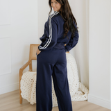Fiery Red Varsity Striped Detail Crewneck Pullover Elastic Sweatpants 2pcs Outfit