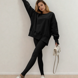 Remi Solid Color Oversize Slit Sweatshirt Ribbed Leggings 2pcs Set - Black