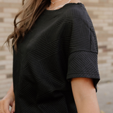 Mila Textured Loose Fit T Shirt and Drawstring Pants Set - Black | Dropship