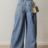 Cora Stripe Button Pleated Drawstring Waist Casual Wide Leg Jeans | Dropship