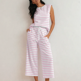 Clementine Stripe Casual Tee and Wide Leg Pants Set - Rose