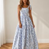 Jaylani Blue Floral Print Knot Straps High Waist Flared Maxi Dress