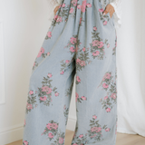 Scottie Floral Print Pleated High Waist Wide Leg Denim Jumpsuit
