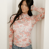 Ophelia Floral Print Mock Neck Mesh Long Sleeve Top