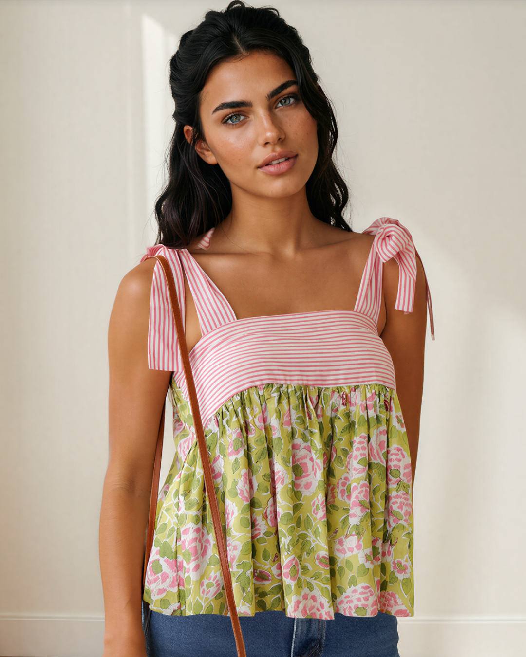 Ellie Floral Printed Knot Straps Babydoll Tank Top
