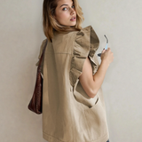 Margot Ruffle Plain Denim Jacket Vest - Khaki
