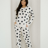 Polka Dot Print Drop Shoulder Pullover Drawstring Jogger Pant Set - Beige