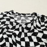 Sheer Checkered Mock Neck Mesh Short Sleeve