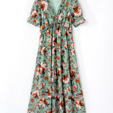 Haisley Floral Print Frilled V Neck Short Sleeve Maxi Dress - Green