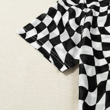 Sheer Checkered Mock Neck Mesh Short Sleeve