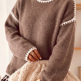 Dark Khaki Contrast Trim Mock Neck Drop Shoulder Relaxed Sweater