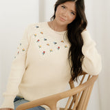 Gemma Mixed Texture Knit Flower Embroidered Detail Casual Sweater