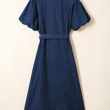 Giselle Full Buttons Collared Short Bubble Sleeve Long Denim Dress - Dark Wash