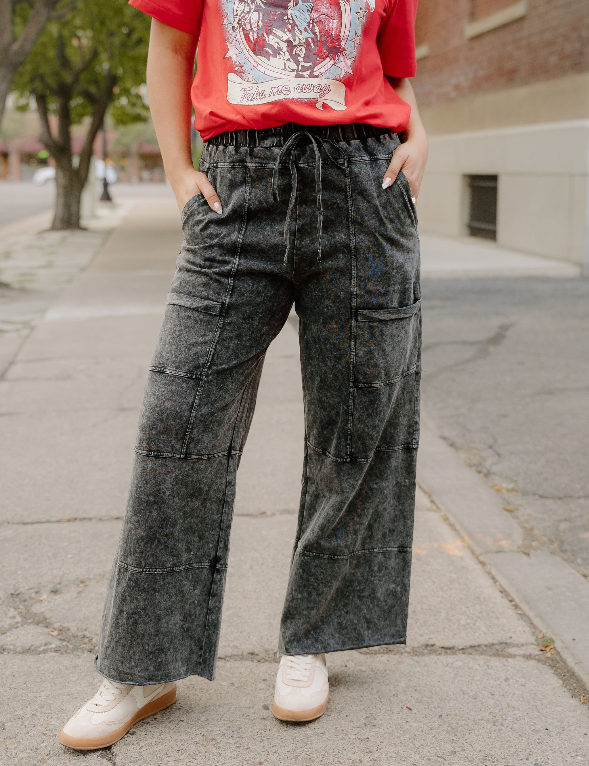 Teagan Mineral Wash Raw Hem Patched Pocket Pants