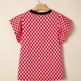 Cassidy Checkered Print Ruffle Short Sleeve Contrast Trim Round Neck Top