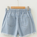 Tessa Stripe Raw Edge Drawstring Elastic Waist Casual Denim Shorts