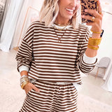 Coffee Drop Shoulder Long Sleeve Pullover Elastic Waist Casual Short Set