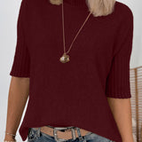 Burgundy Ribbed Trim High Neck Short Sleeve Casual Sweater