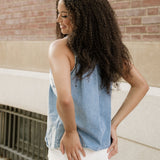 Goldie Denim Pleated Patchwork Sleeveless Top