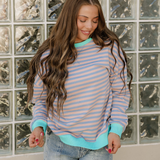Baya Striped Contrast Trim Drop Shoulder Sweatshirt - Blue/Pink | Dropship