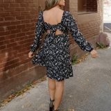 Black Floral Long Sleeve Frilly Shirred Square Neck Mini Dress